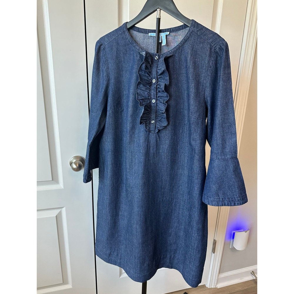 Draper James Blue Denim Ruffle Front Bell Sleeve Shift Dress Size 14 Cotton - Picture 7 of 7
